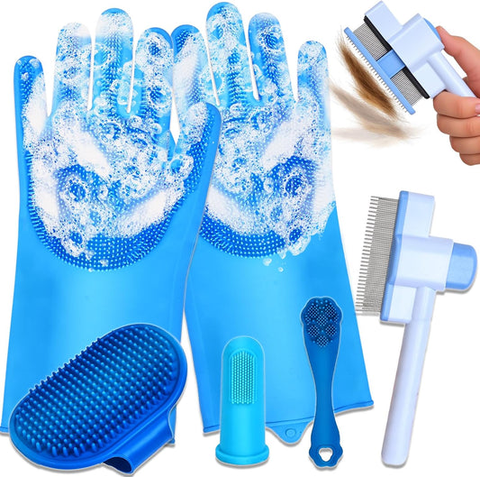 6PCS Dog Washing Gloves Pet Grooming Gloves Dog Bath Supplies Dog Bath Brush Silicone Gloves for Dogs and Cats Bathing Dog Comb Dog Toothbrush