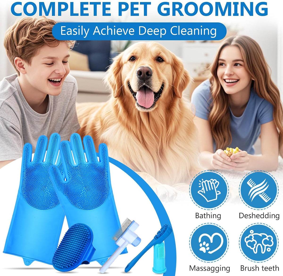 6PCS Dog Washing Gloves Pet Grooming Gloves Dog Bath Supplies Dog Bath Brush Silicone Gloves for Dogs and Cats Bathing Dog Comb Dog Toothbrush